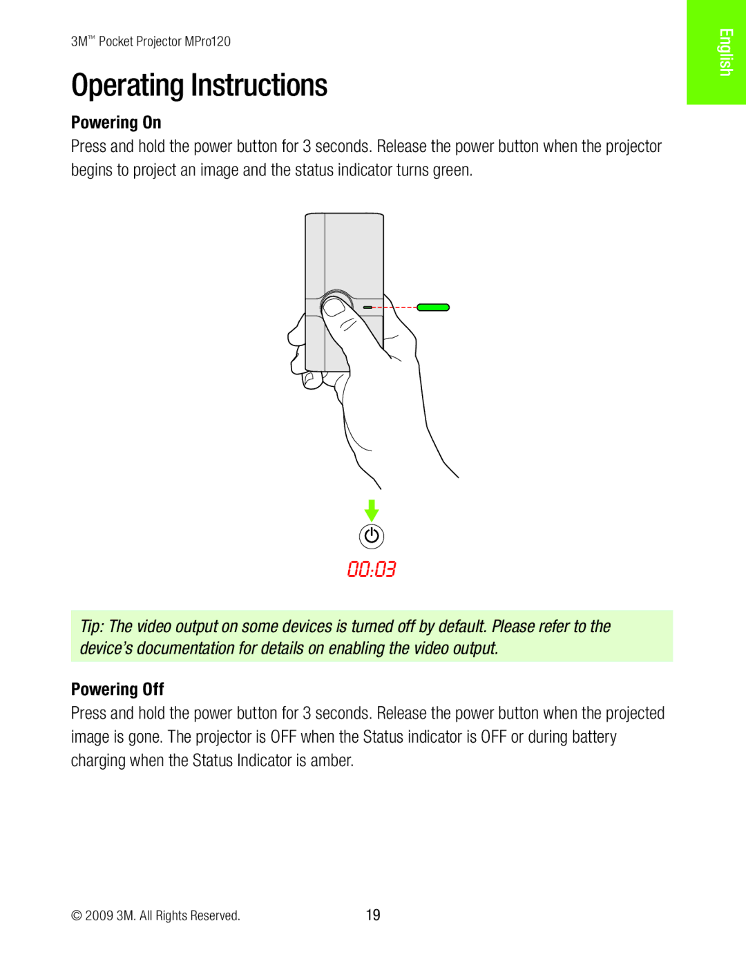 3M MPro120 manual Operating Instructions, Powering On, Powering Off 