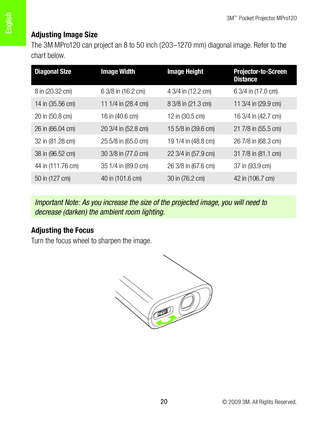 3M MPro120 manual Adjusting Image Size, Adjusting the Focus 