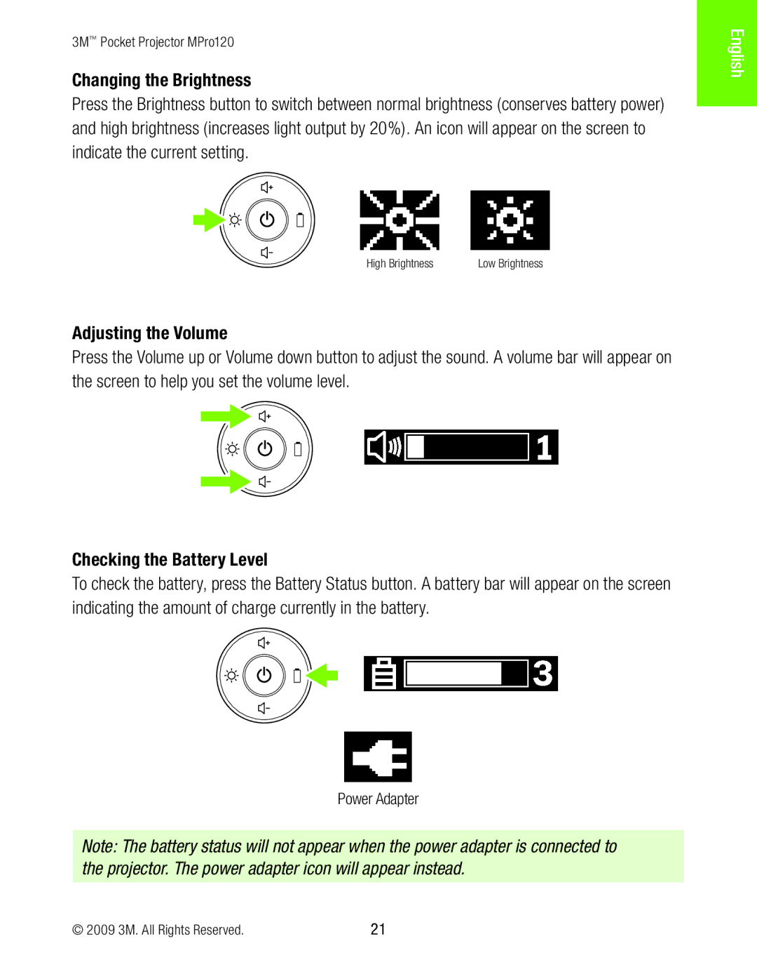 3M MPro120 manual Changing the Brightness, Adjusting the Volume, Checking the Battery Level 