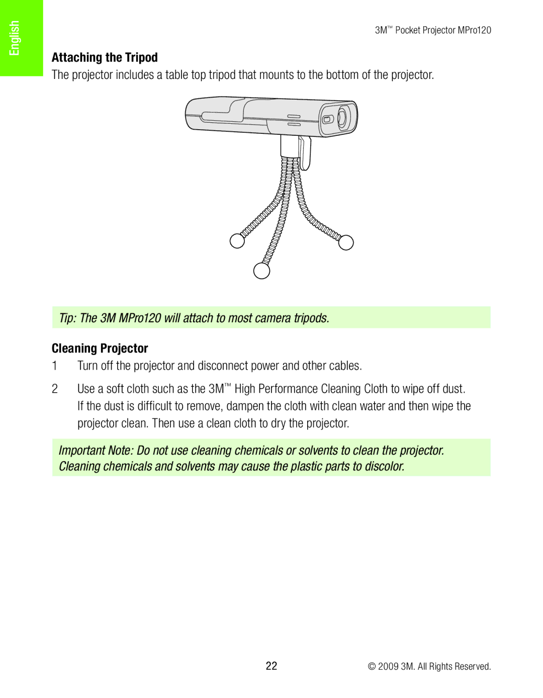 3M MPro120 manual Attaching the Tripod, Cleaning Projector 