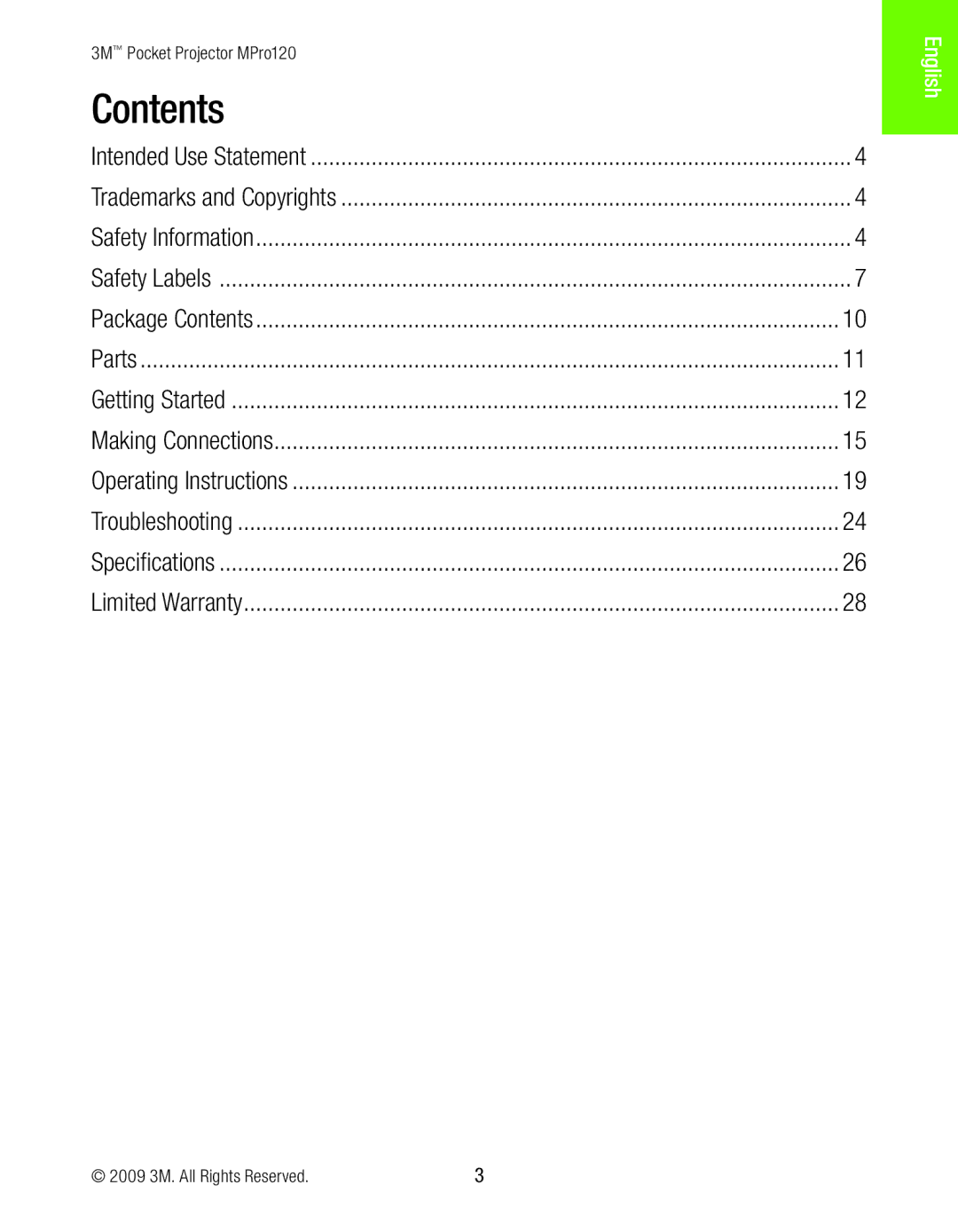 3M MPro120 manual Contents 