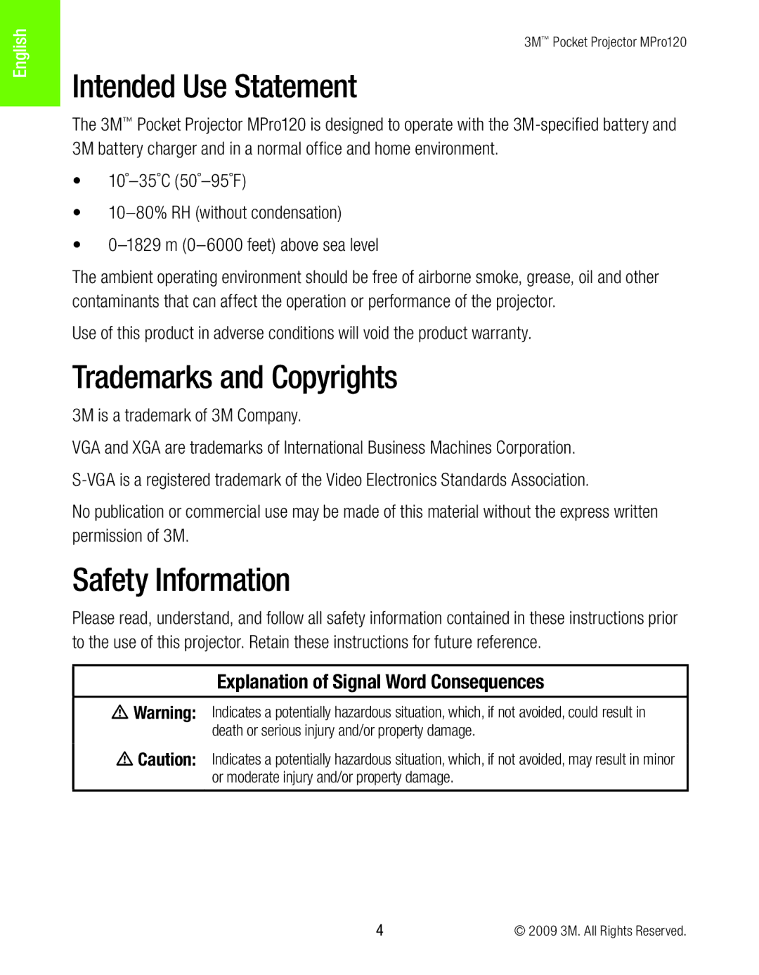 3M MPro120 manual Intended Use Statement, Trademarks and Copyrights, Safety Information 