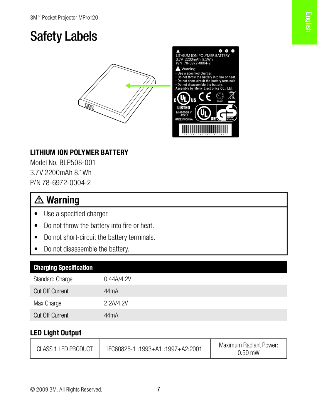 3M MPro120 manual Safety Labels, LED Light Output 