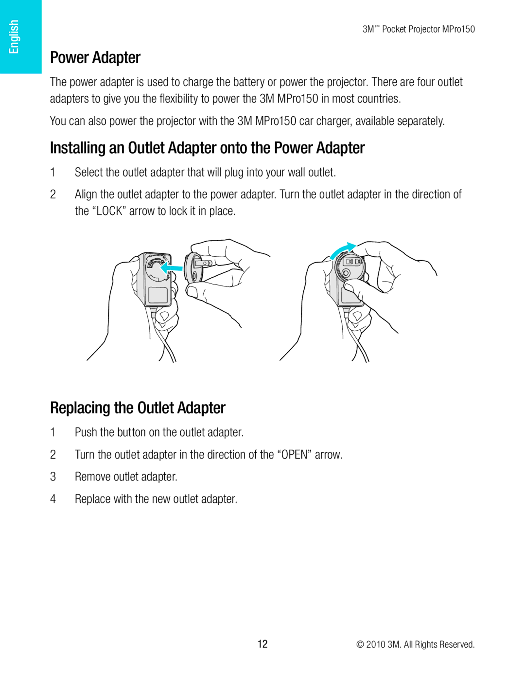 3M MPro150 manual Installing an Outlet Adapter onto the Power Adapter, Replacing the Outlet Adapter 