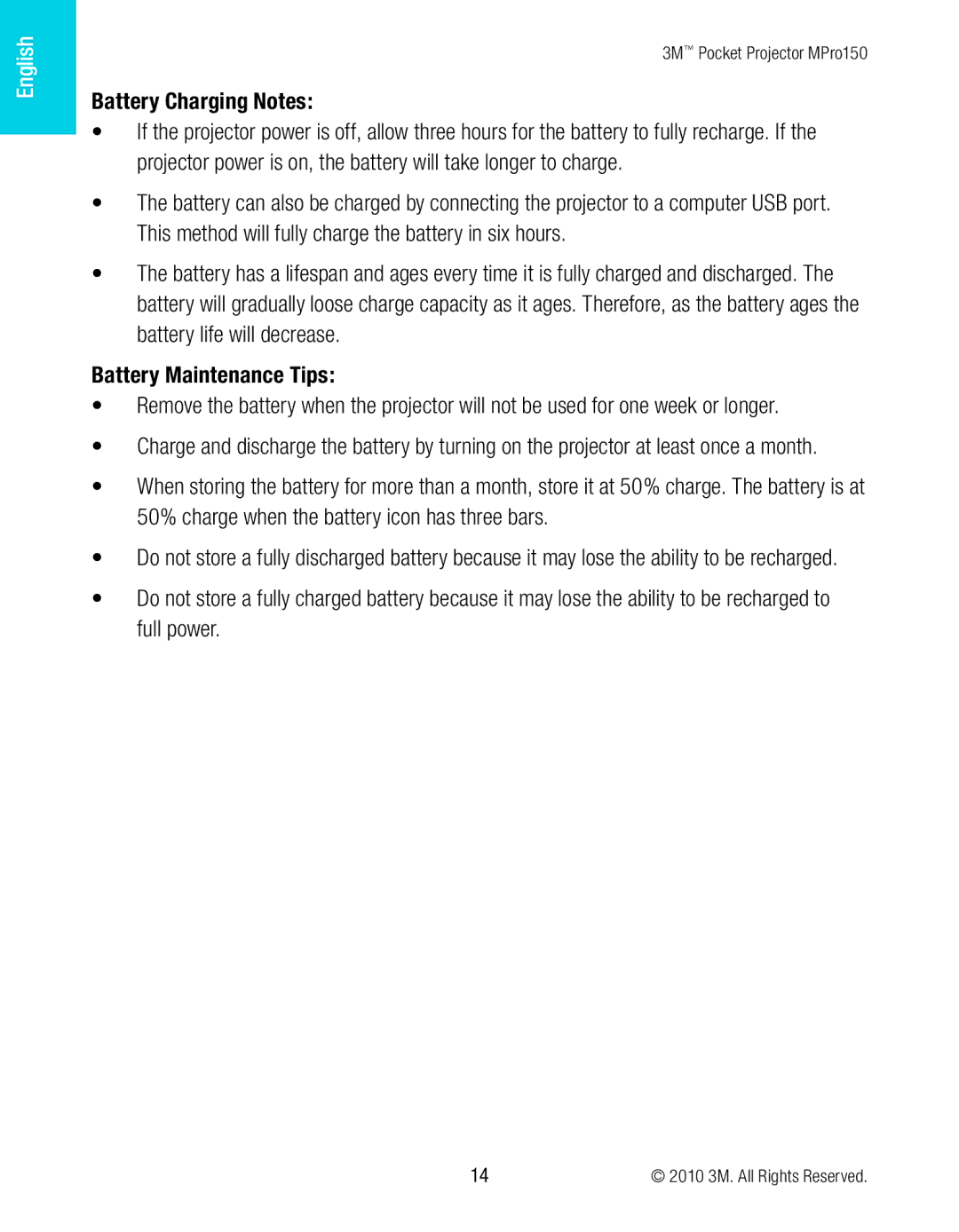 3M MPro150 manual Battery Charging Notes, Battery Maintenance Tips 