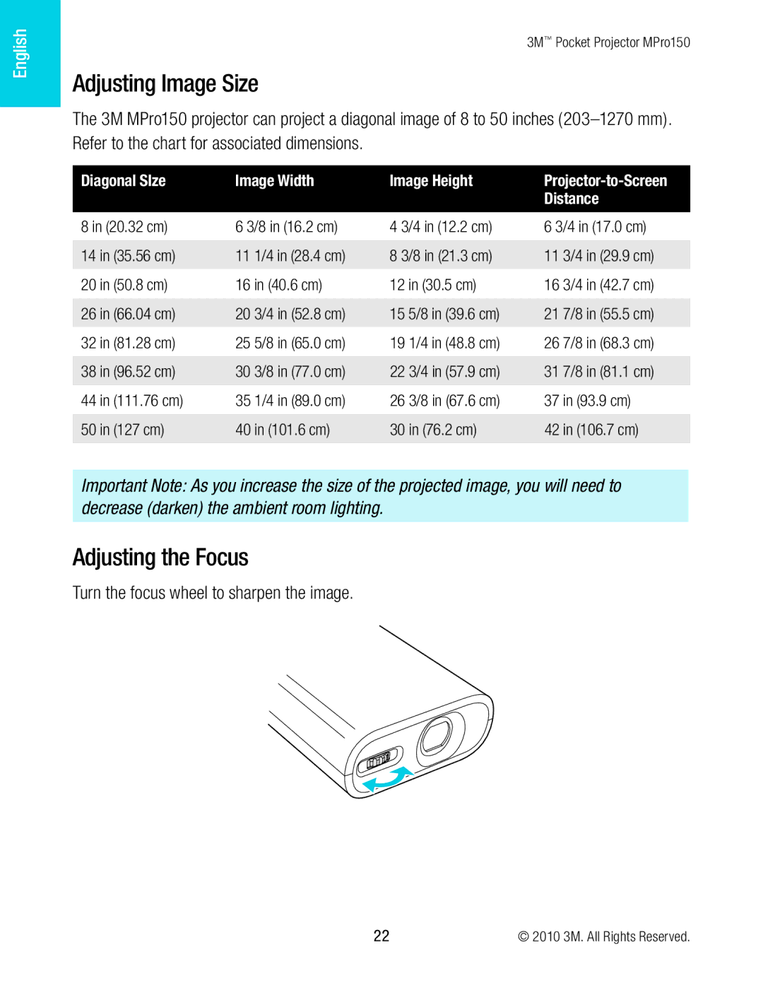 3M MPro150 manual Adjusting Image Size, Adjusting the Focus, Diagonal SIze Image Width Image Height, Distance 