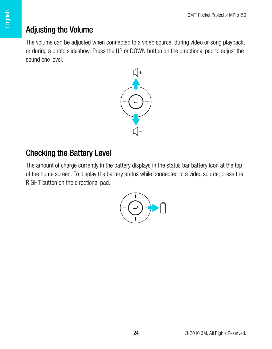 3M MPro150 manual Adjusting the Volume, Checking the Battery Level 