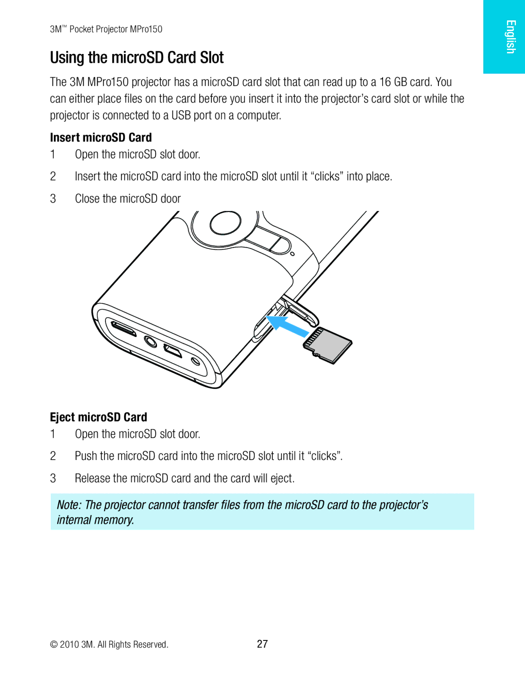 3M MPro150 manual Using the microSD Card Slot, Insert microSD Card, Eject microSD Card 