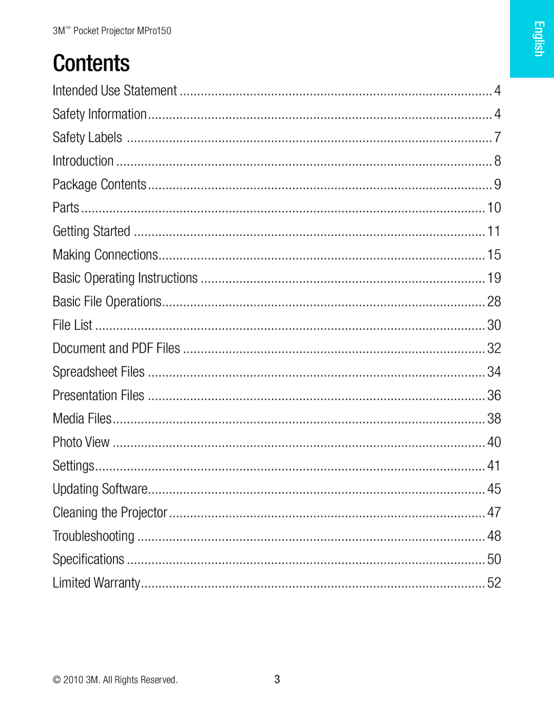 3M MPro150 manual Contents 