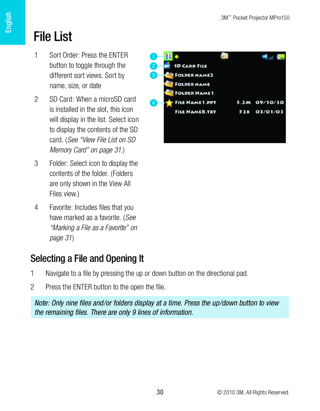 3M MPro150 manual File List, Selecting a File and Opening It 