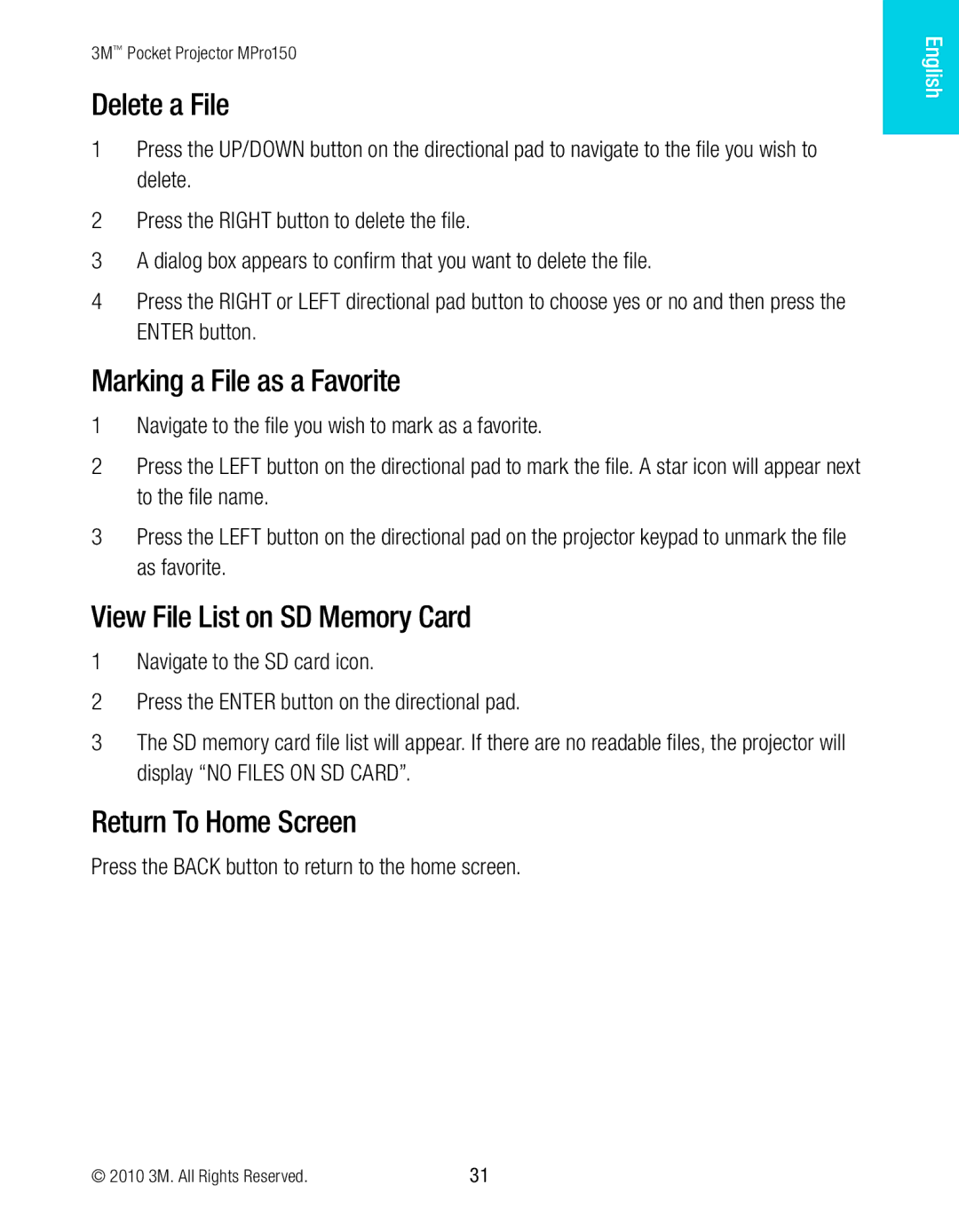 3M MPro150 manual Delete a File, Marking a File as a Favorite, View File List on SD Memory Card, Return To Home Screen 