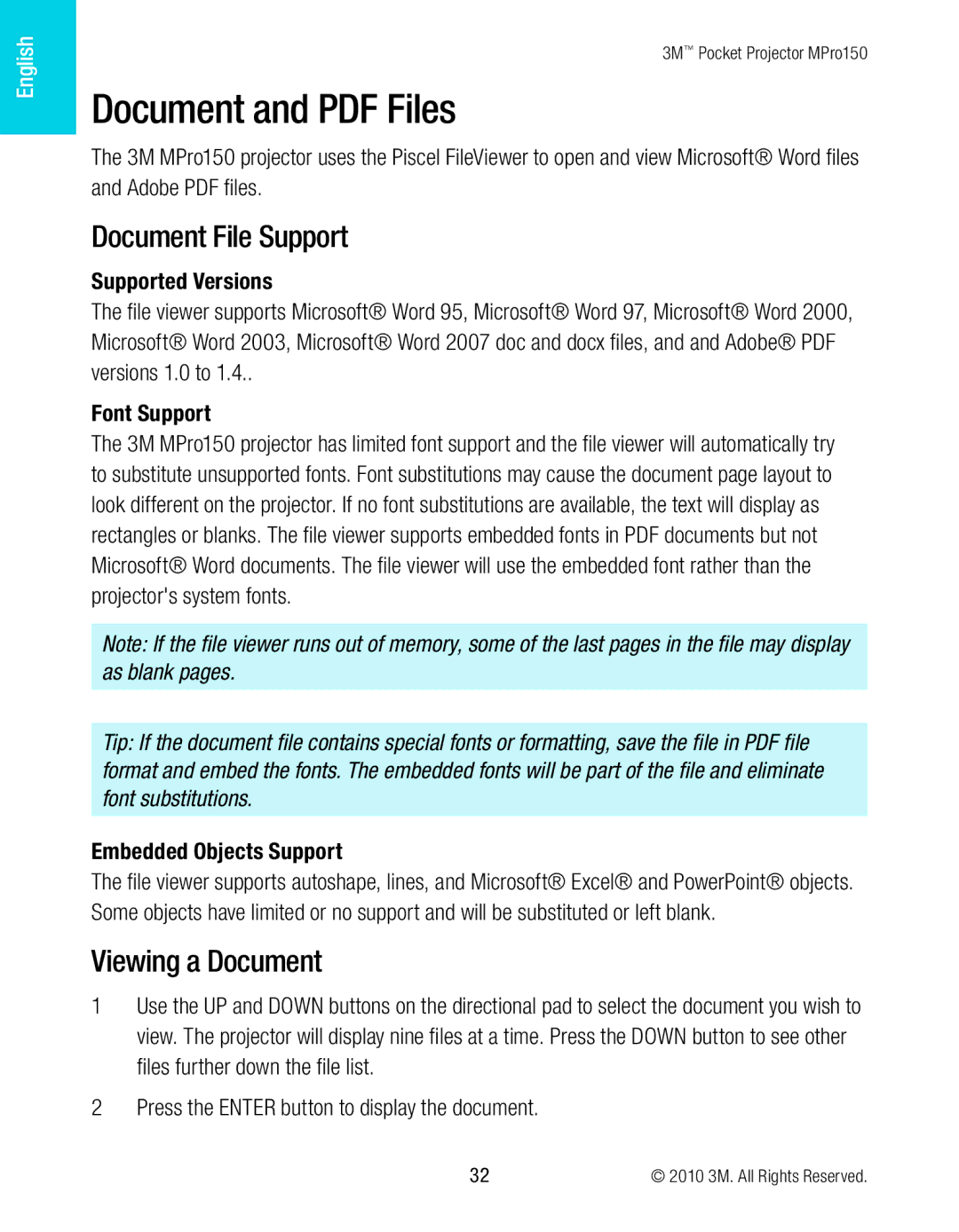 3M MPro150 manual Document File Support, Viewing a Document, Supported Versions Font Support Embedded Objects Support 