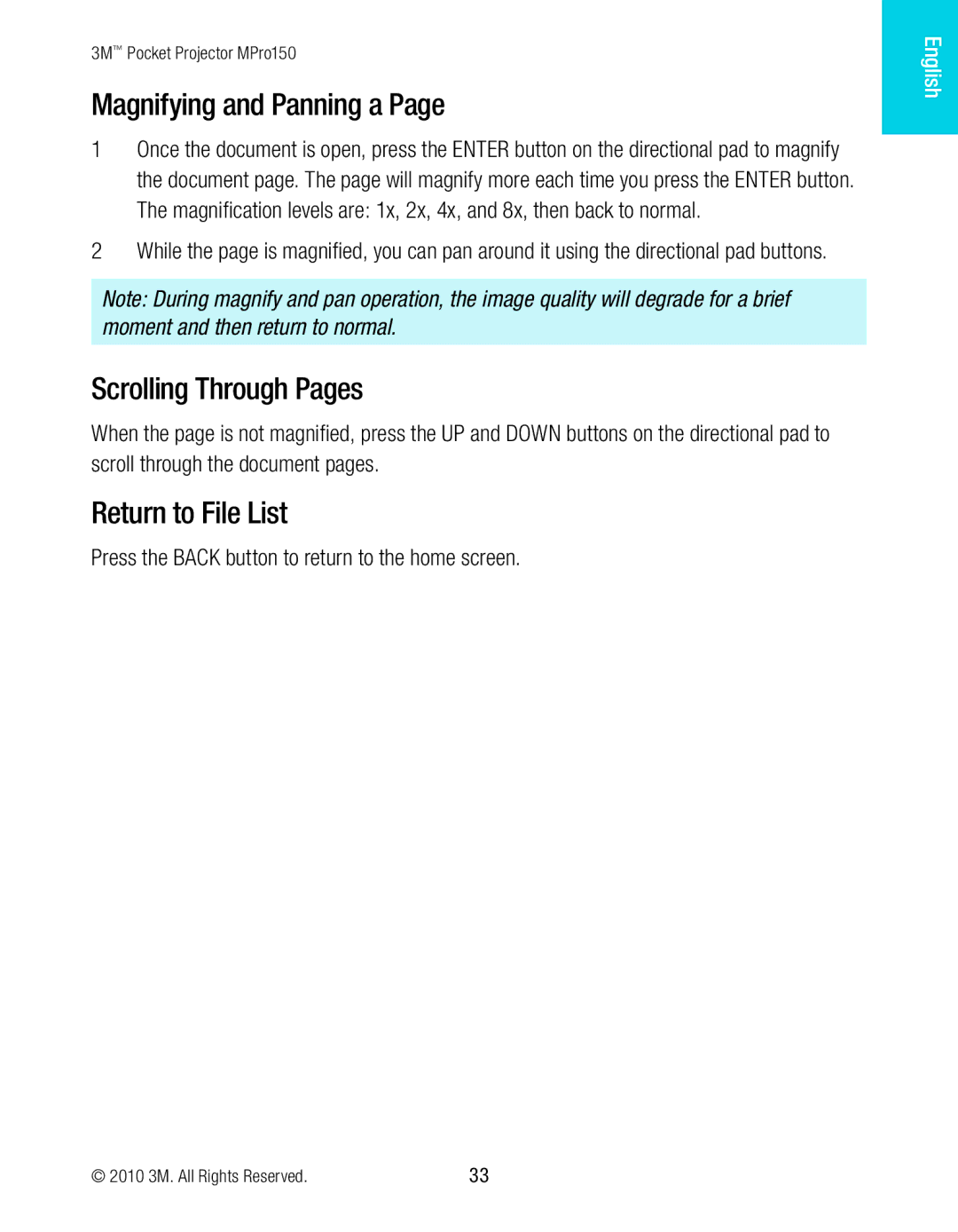 3M MPro150 manual Magnifying and Panning a, Scrolling Through Pages, Return to File List 