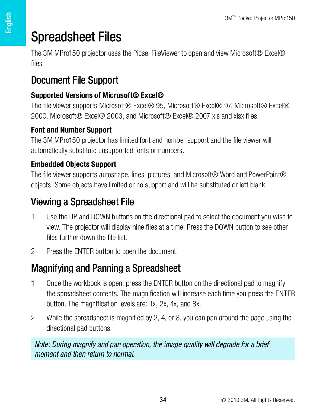 3M MPro150 Spreadsheet Files, Viewing a Spreadsheet File, Magnifying and Panning a Spreadsheet, Font and Number Support 