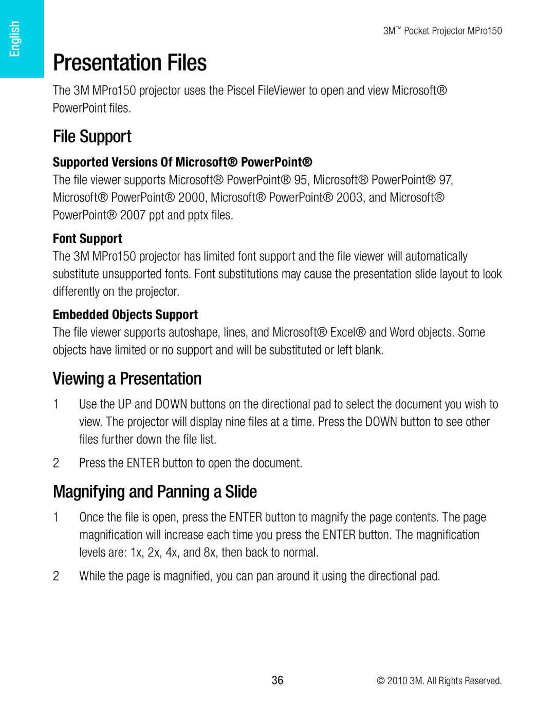 3M MPro150 manual Presentation Files, File Support, Viewing a Presentation, Magnifying and Panning a Slide 