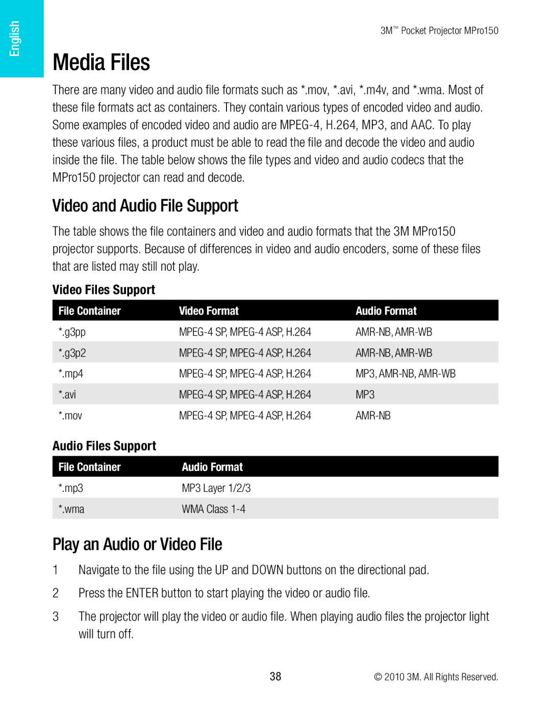 3M MPro150 manual Media Files, Video and Audio File Support, Play an Audio or Video File, Video Files Support 