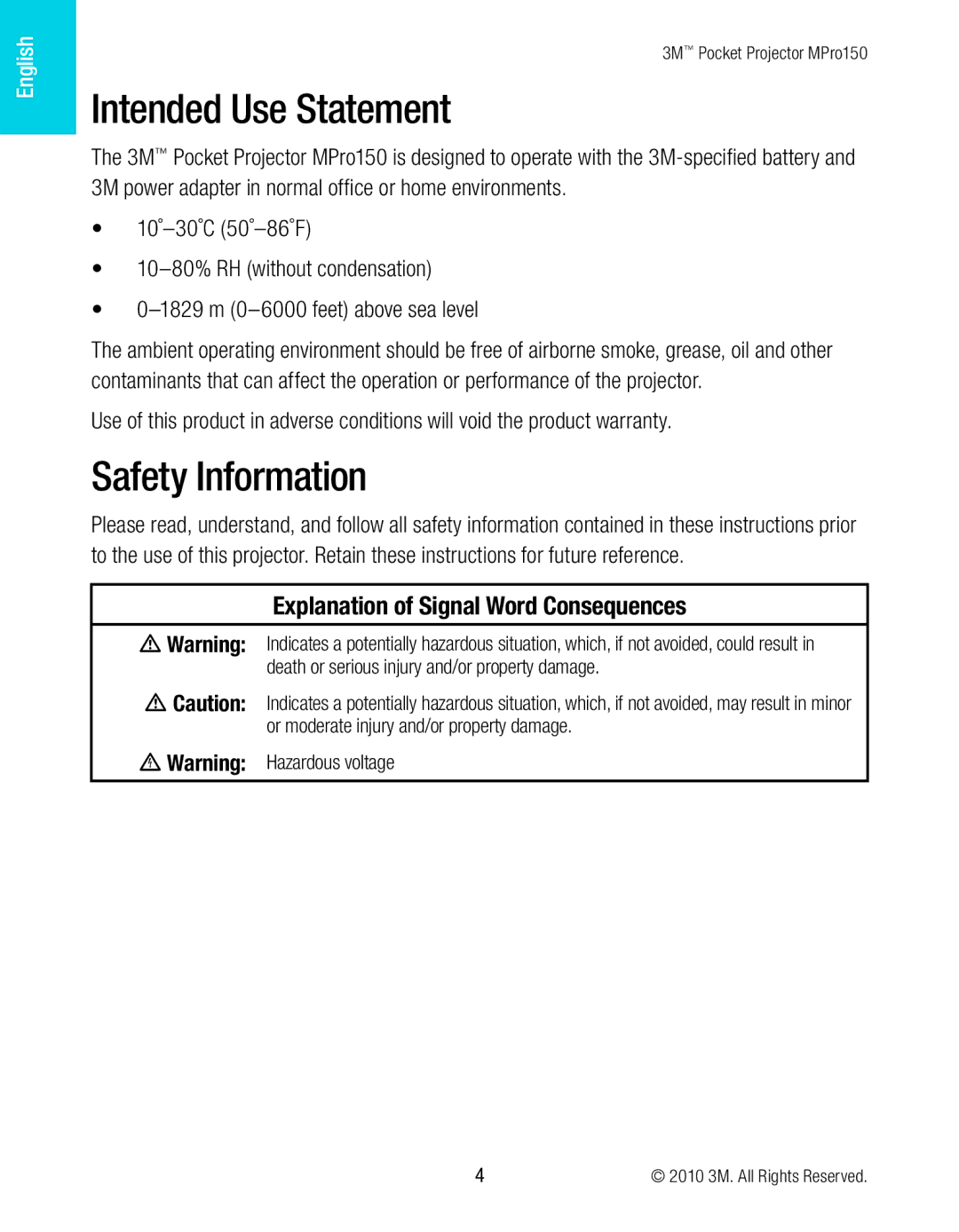 3M MPro150 manual Intended Use Statement, Safety Information 