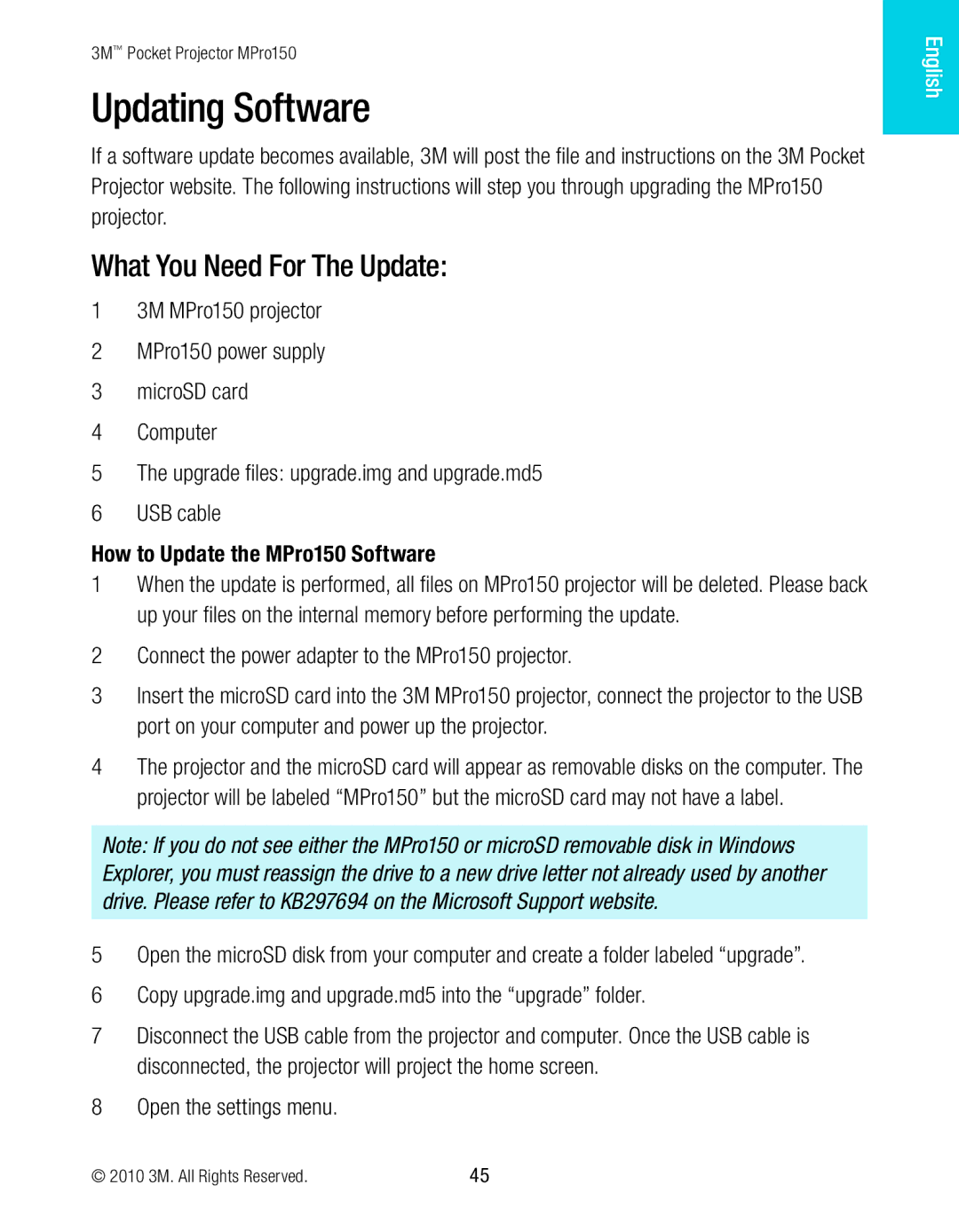 3M manual Updating Software, What You Need For The Update, How to Update the MPro150 Software 