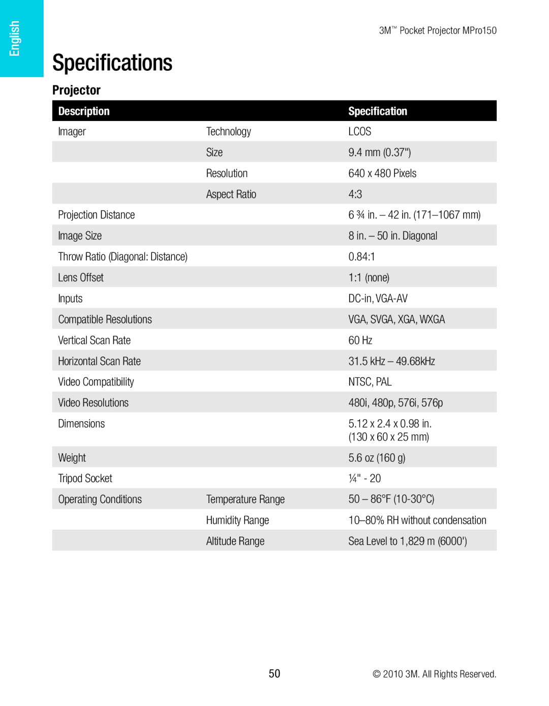 3M MPro150 manual Specifications, Projector, Description Specification 