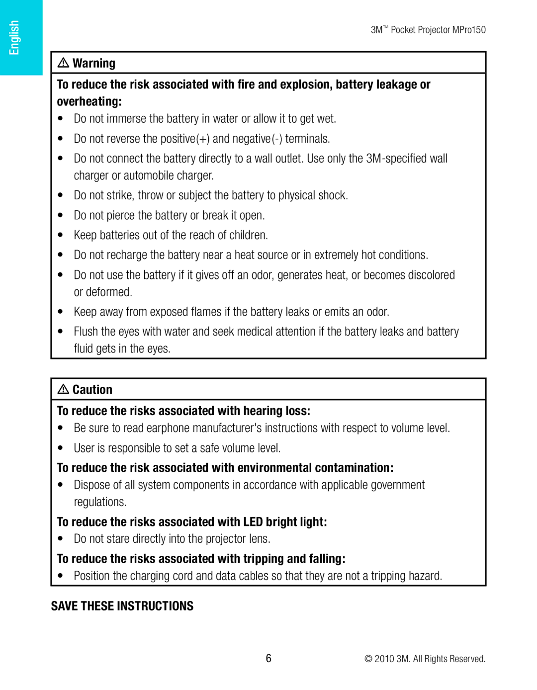 3M MPro150 manual To reduce the risks associated with hearing loss, To reduce the risks associated with LED bright light 