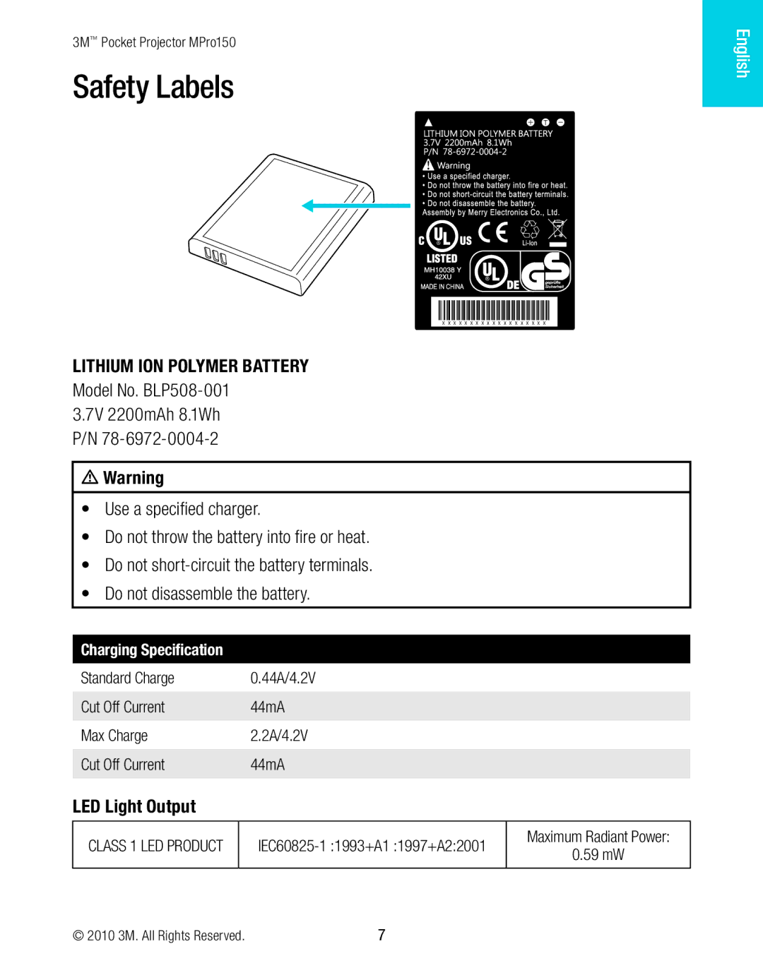 3M MPro150 manual Safety Labels, LED Light Output 