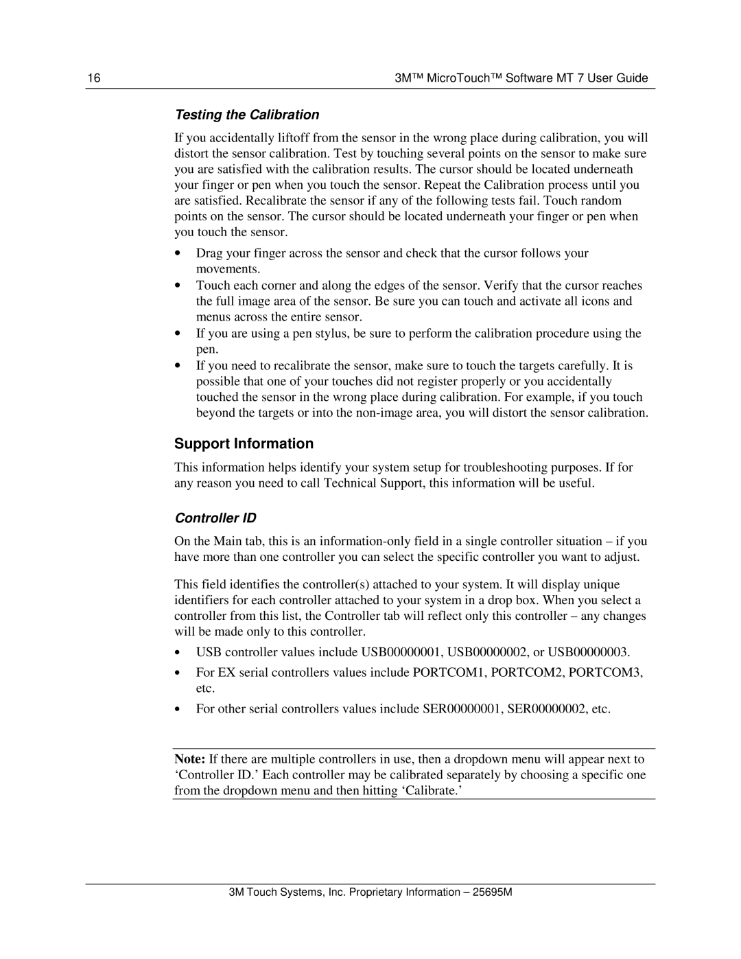 3M MT7 manual Support Information, Testing the Calibration, Controller ID 