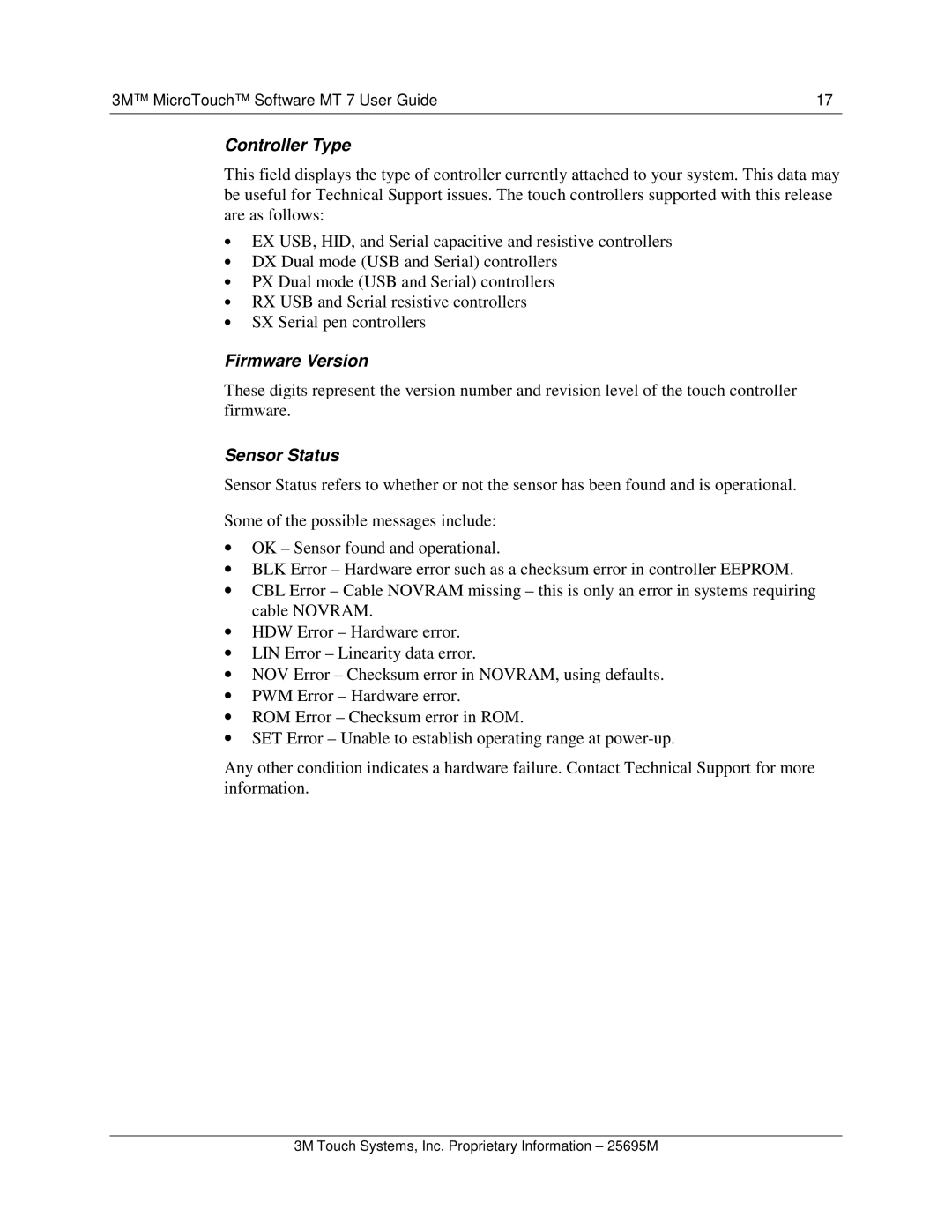 3M MT7 manual Controller Type, Firmware Version, Sensor Status 