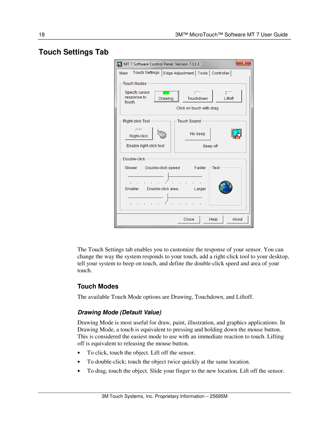 3M MT7 manual Touch Settings Tab, Touch Modes, Drawing Mode Default Value 