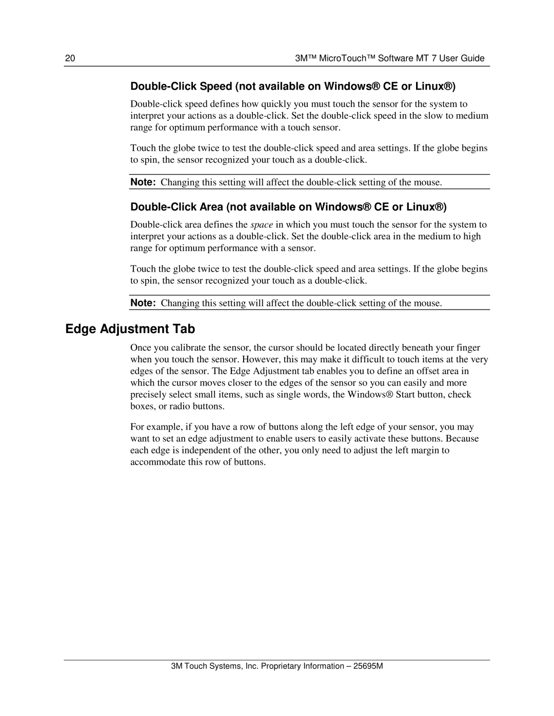 3M MT7 manual Edge Adjustment Tab, Double-Click Speed not available on Windows CE or Linux 