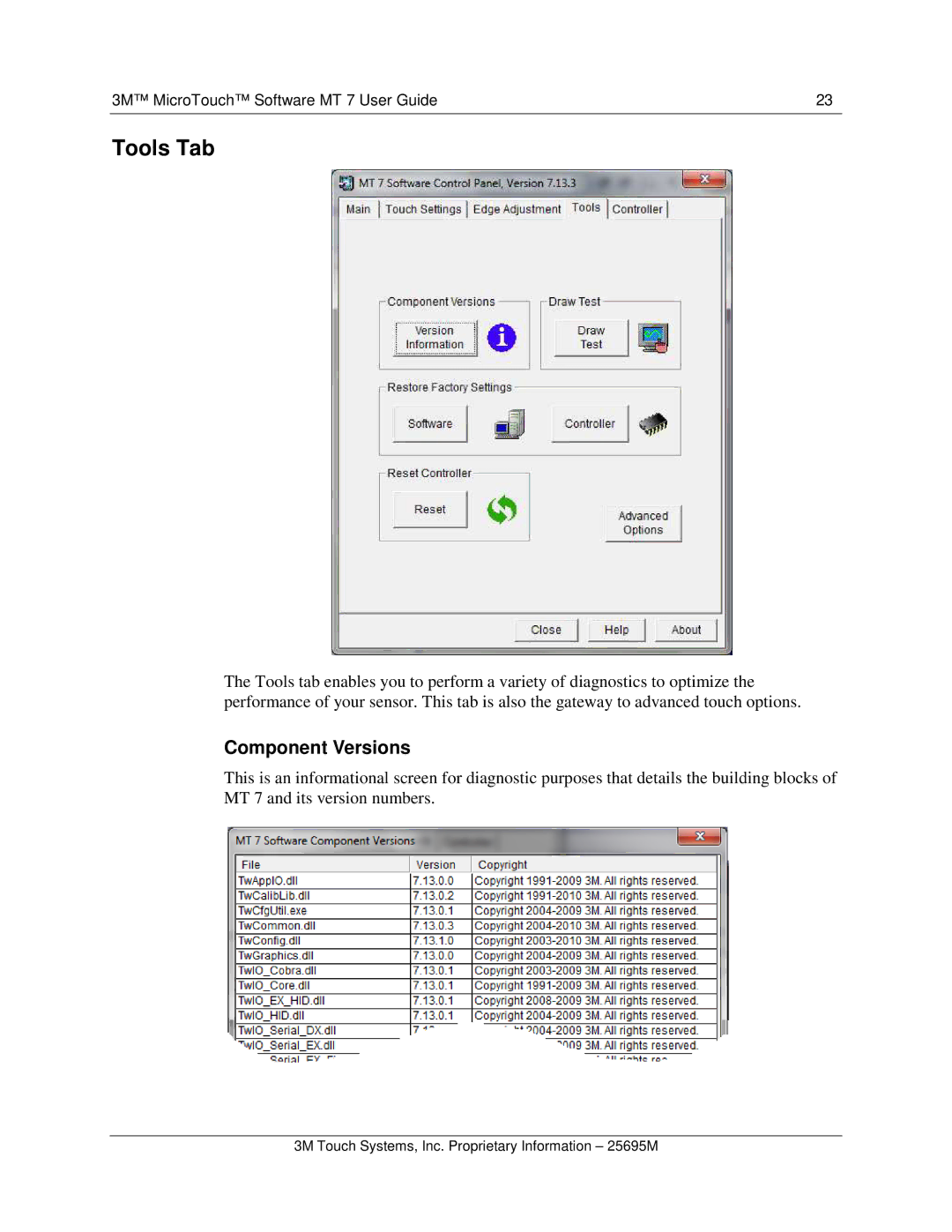 3M MT7 manual Tools Tab, Component Versions 