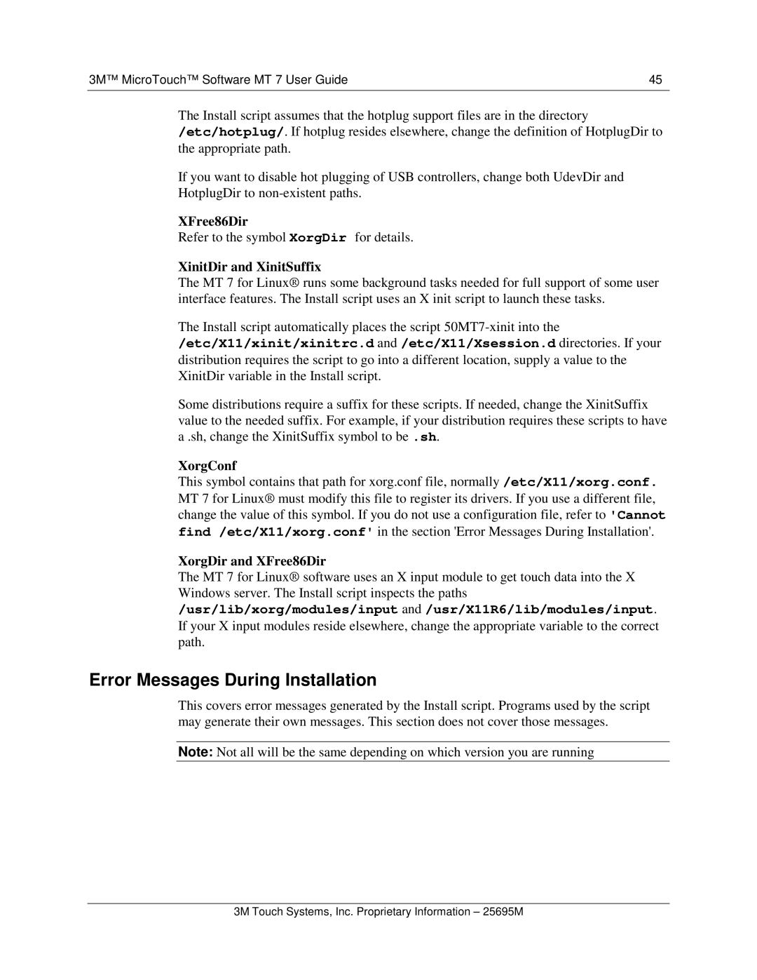 3M MT7 manual Error Messages During Installation, XinitDir and XinitSuffix 