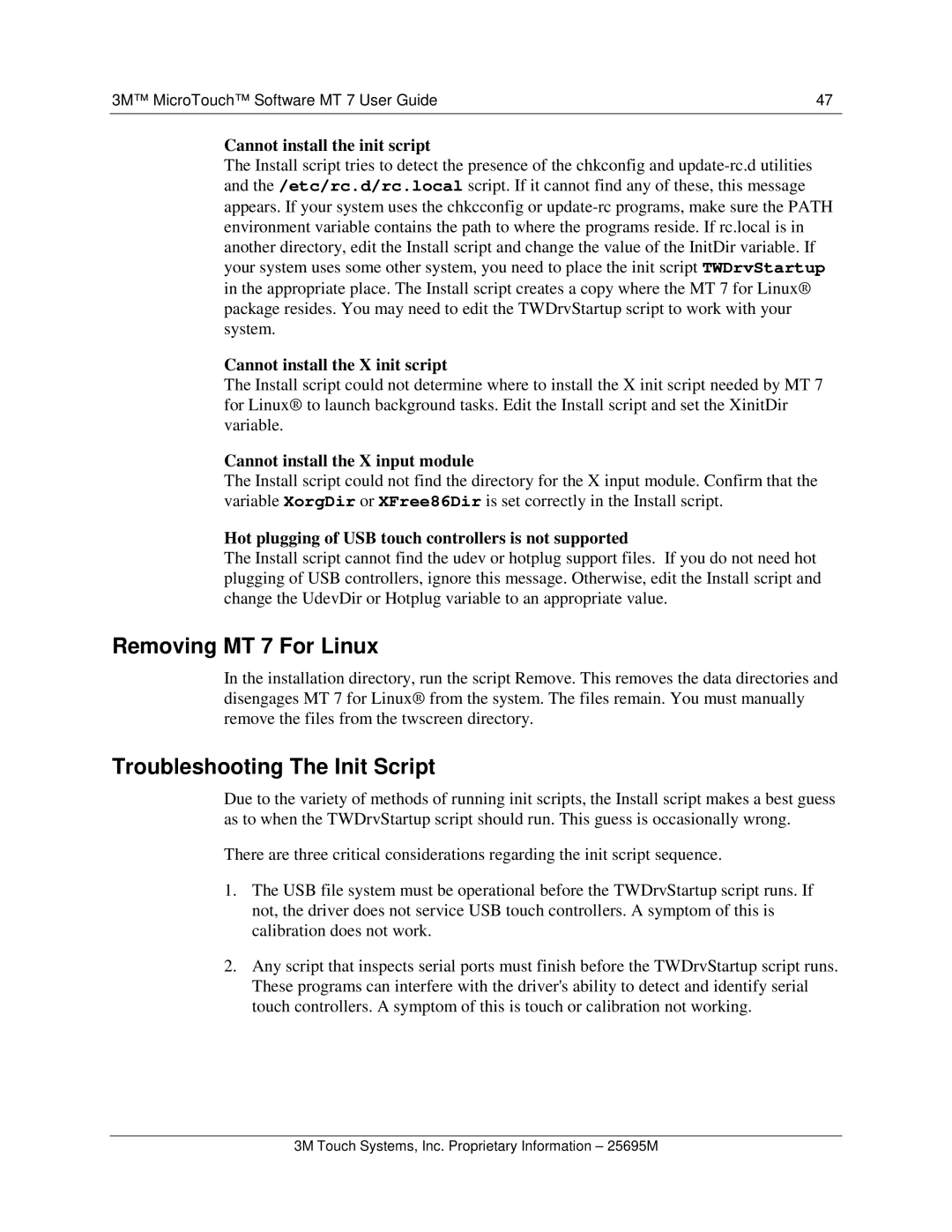 3M MT7 manual Removing MT 7 For Linux, Troubleshooting The Init Script 