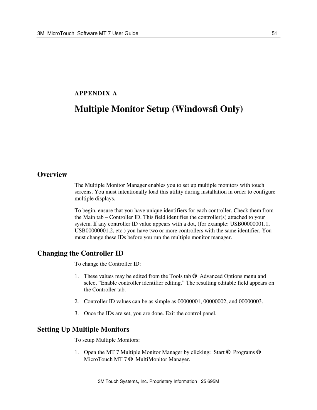 3M MT7 manual Multiple Monitor Setup Windows Only, Changing the Controller ID, Setting Up Multiple Monitors 