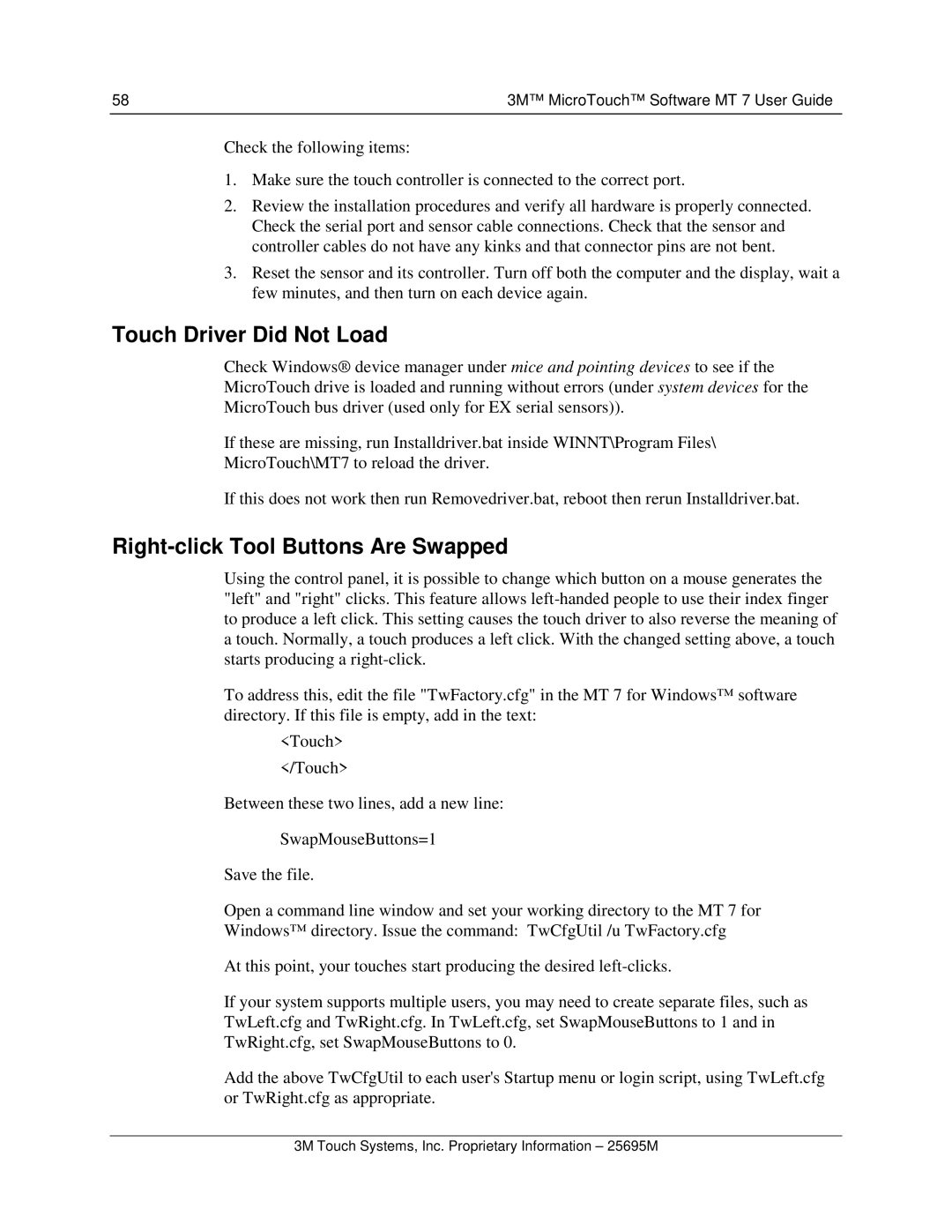 3M MT7 manual Touch Driver Did Not Load, Right-click Tool Buttons Are Swapped 