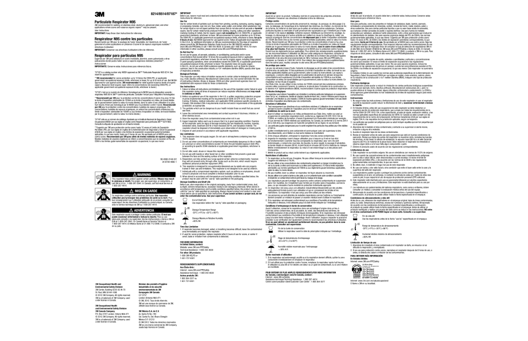 3M N95 manual Use For Do Not Use For, Biological Particles, Use Instructions, Use Limitations, Time Use Limitation 