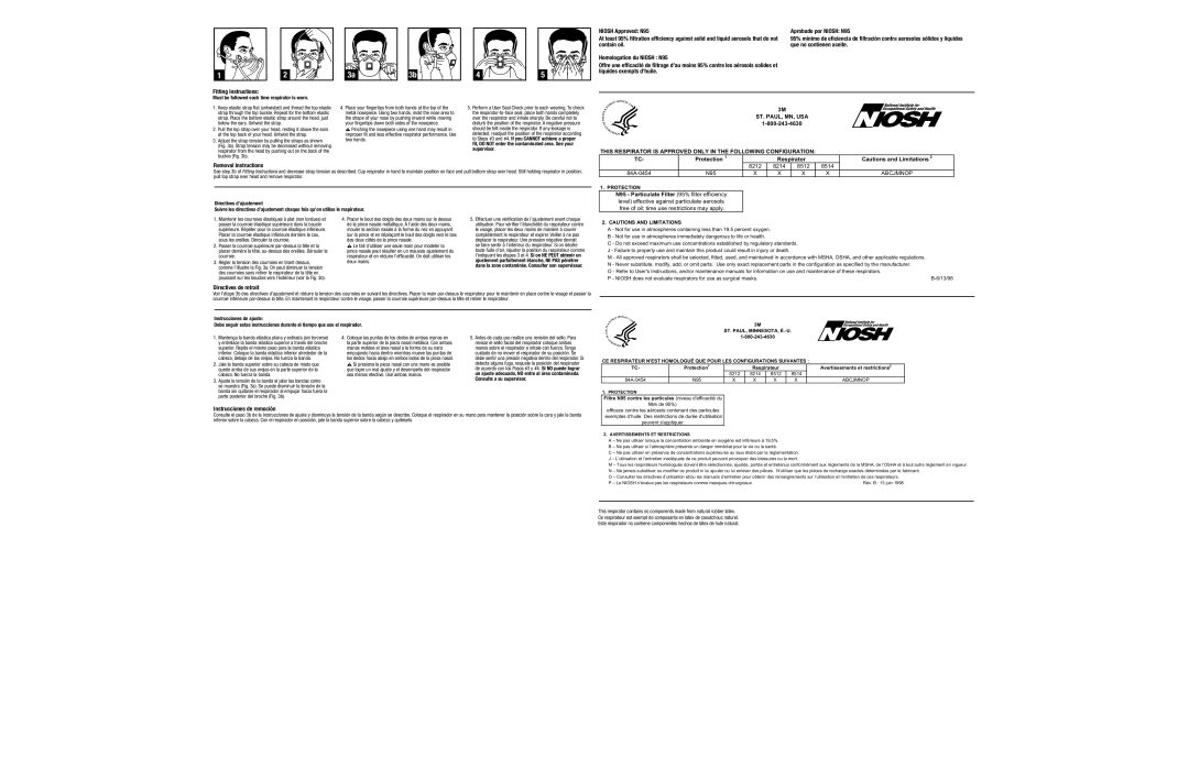 3M Niosh Approved N95 Aprobado por Niosh N95, Liquides exempts d’huile Fitting Instructions, Directives de retrait 