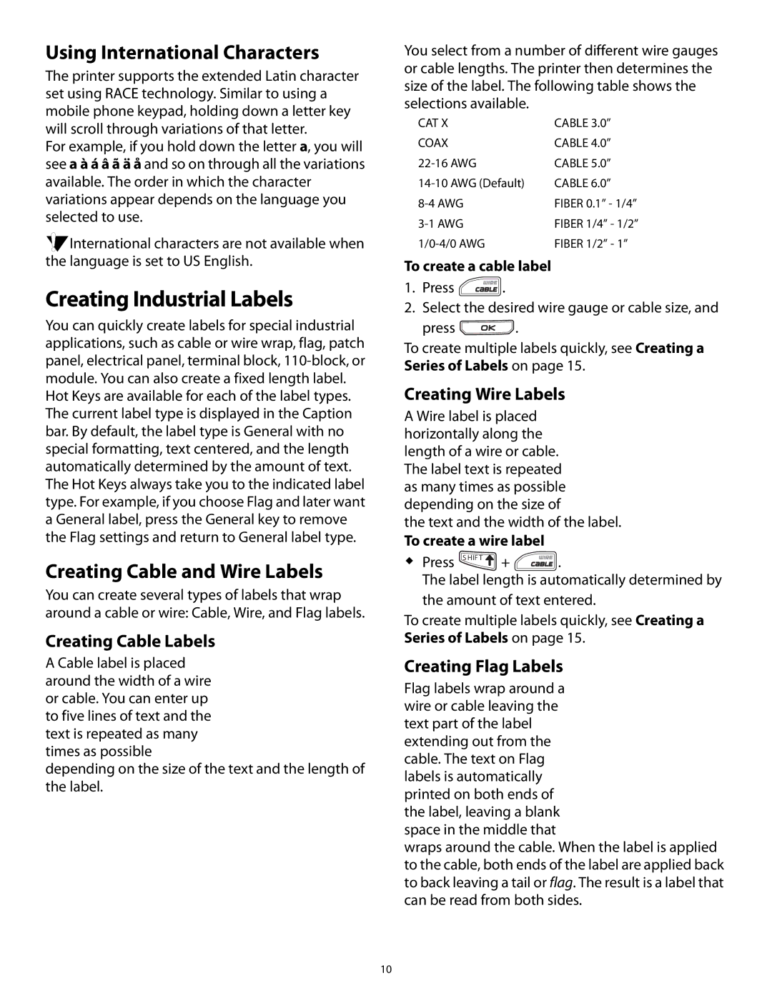 3M PL200 User manual Creating Industrial Labels, Using International Characters, Creating Cable and Wire Labels 