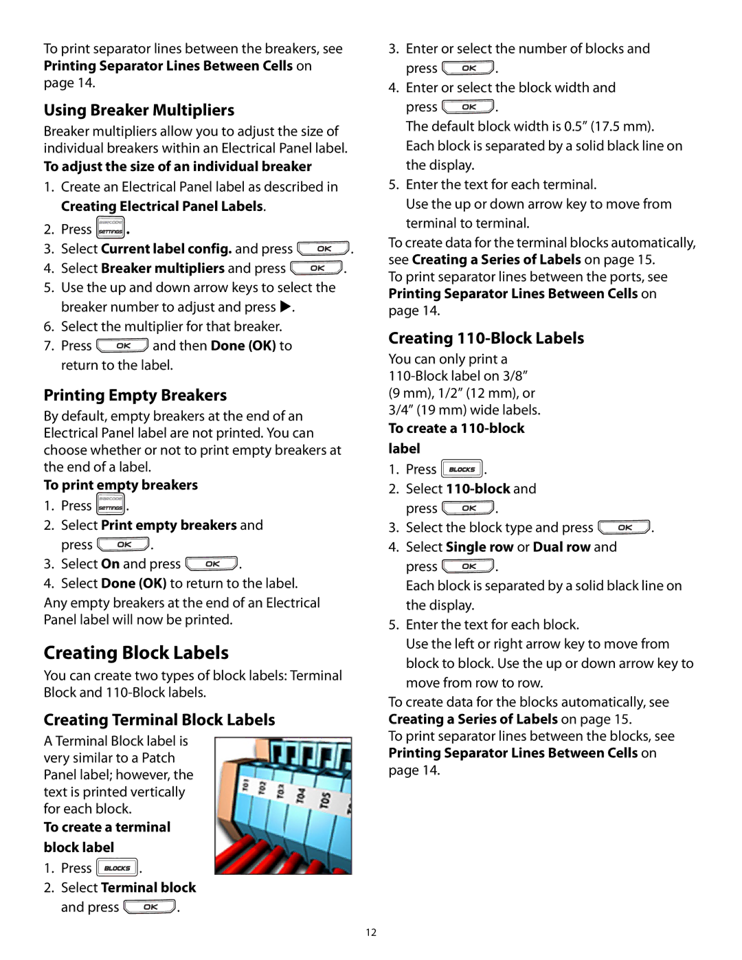3M PL200 User Creating Block Labels, Using Breaker Multipliers, Printing Empty Breakers, Creating Terminal Block Labels 