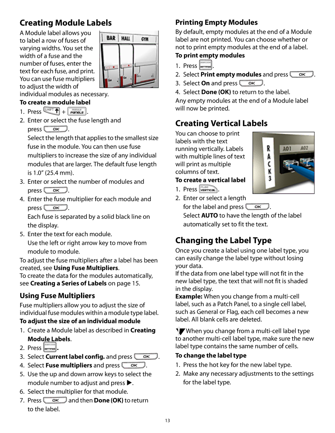 3M PL200 User manual Creating Module Labels, Creating Vertical Labels, Changing the Label Type, Using Fuse Multipliers 