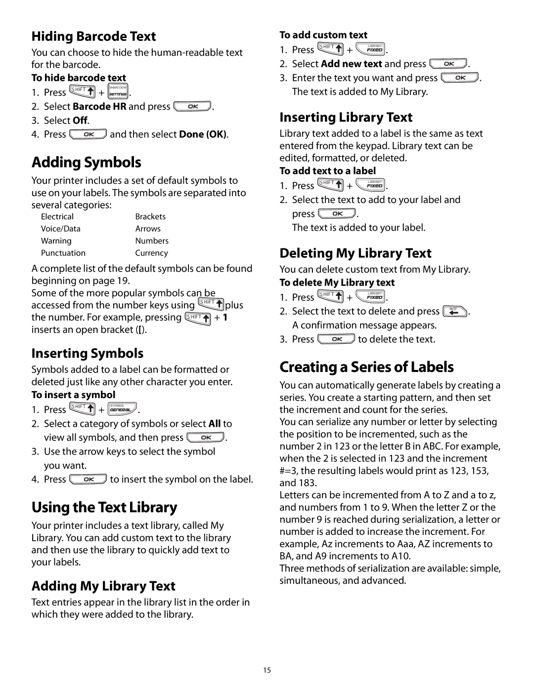 3M PL200 User manual Adding Symbols, Using the Text Library, Creating a Series of Labels 