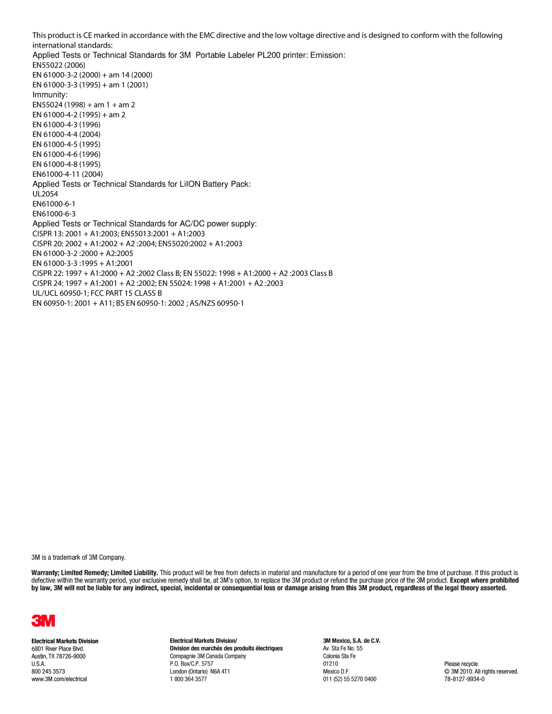 3M PL200 User manual Applied Tests or Technical Standards for LiION Battery Pack 