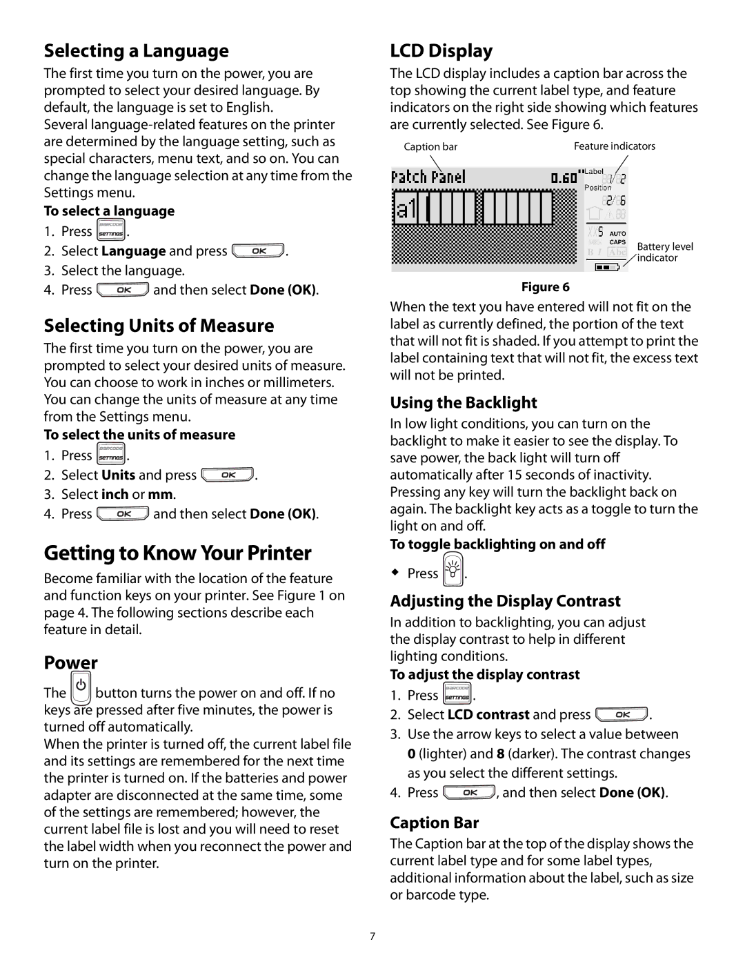 3M PL200 User manual Getting to Know Your Printer, Selecting a Language, Selecting Units of Measure, Power, LCD Display 