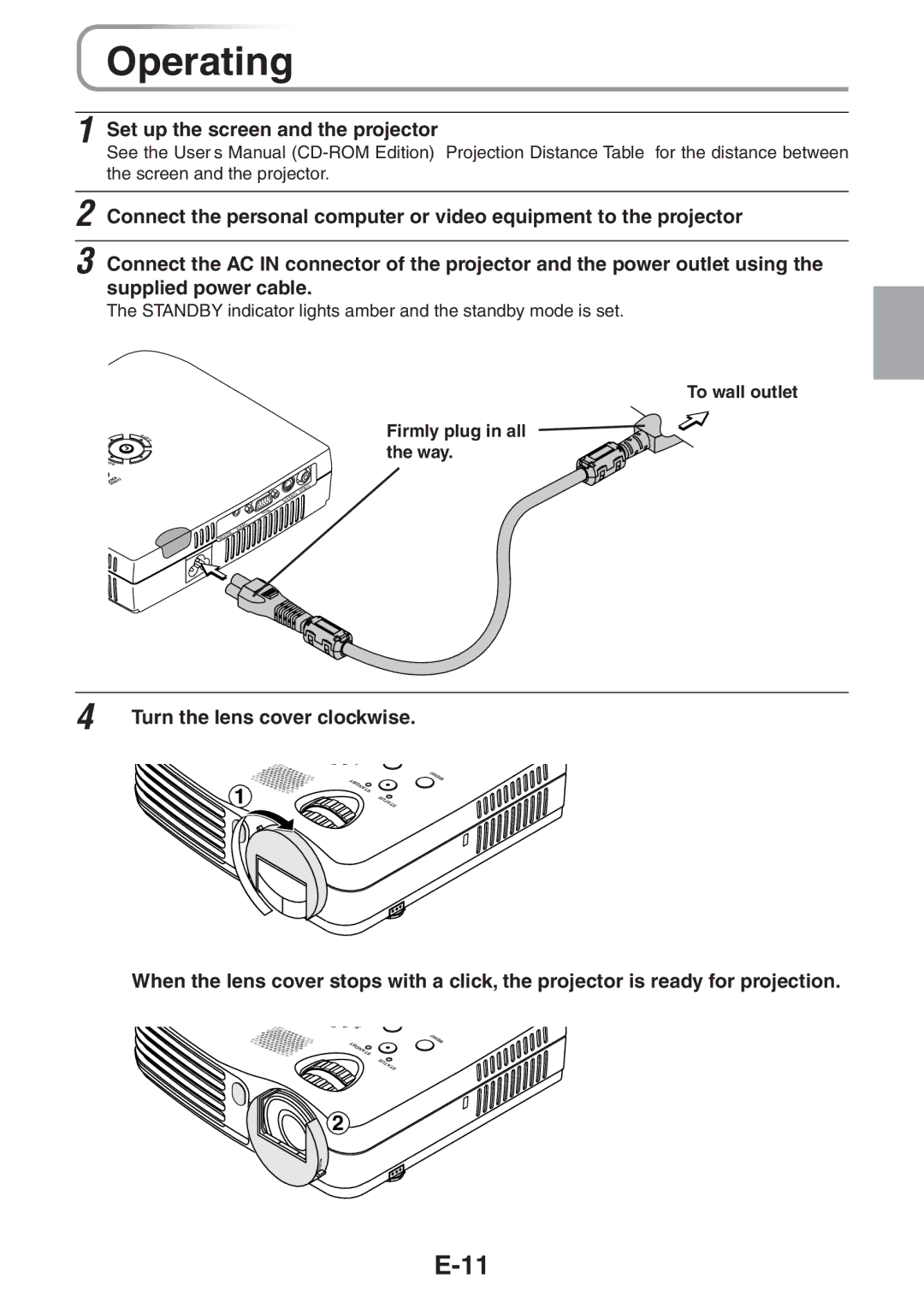 3M PX5 user manual Operating, Set up the screen and the projector, Turn the lens cover clockwise 