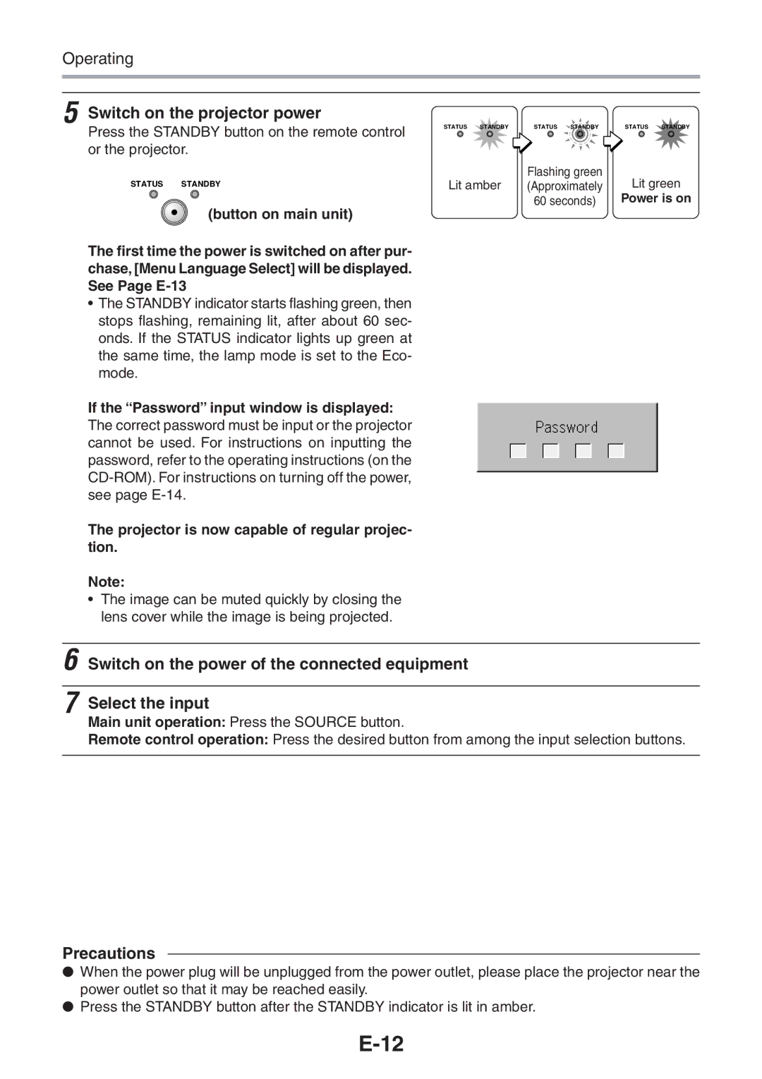 3M PX5 user manual Switch on the projector power, Precautions 