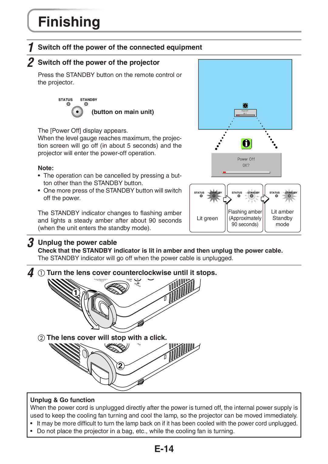 3M PX5 user manual Finishing, Unplug the power cable, Turn the lens cover counterclockwise until it stops 