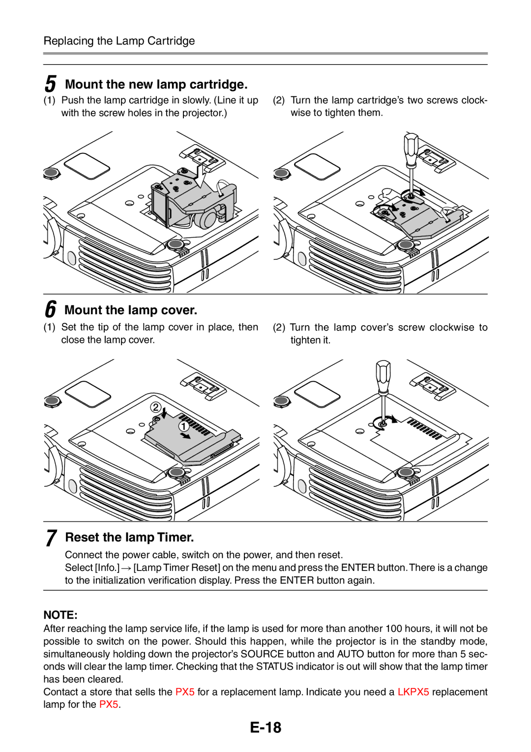 3M PX5 user manual Mount the new lamp cartridge, Mount the lamp cover, Reset the lamp Timer 