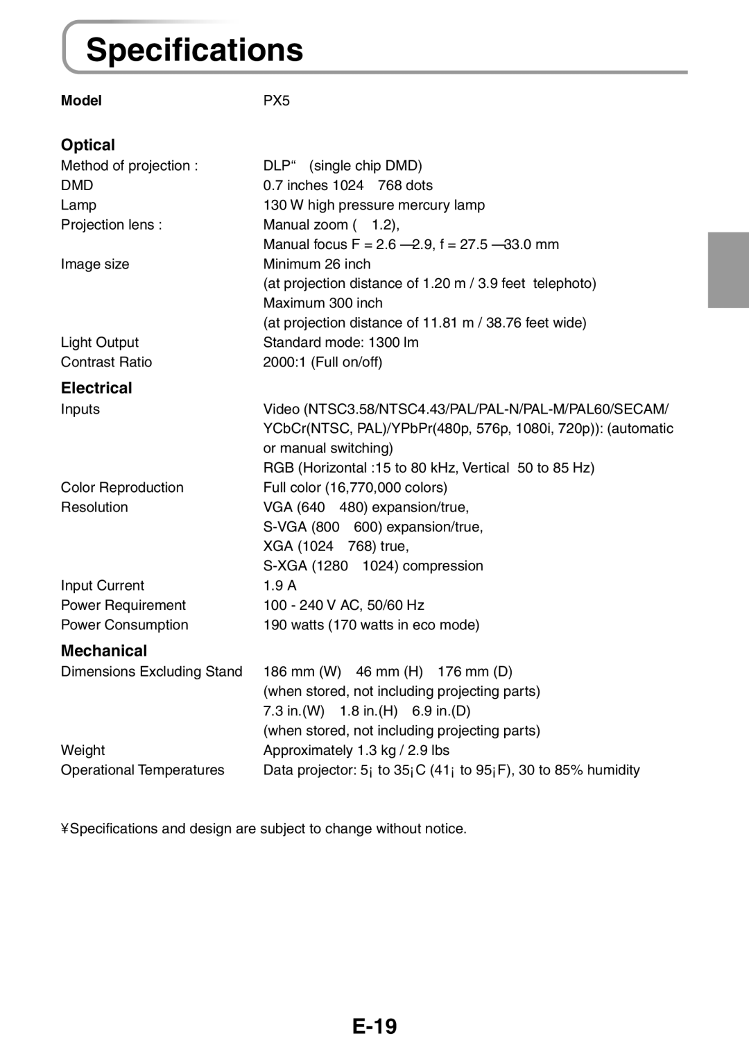 3M user manual Specifications, Optical, Electrical, Mechanical, ModelPX5 