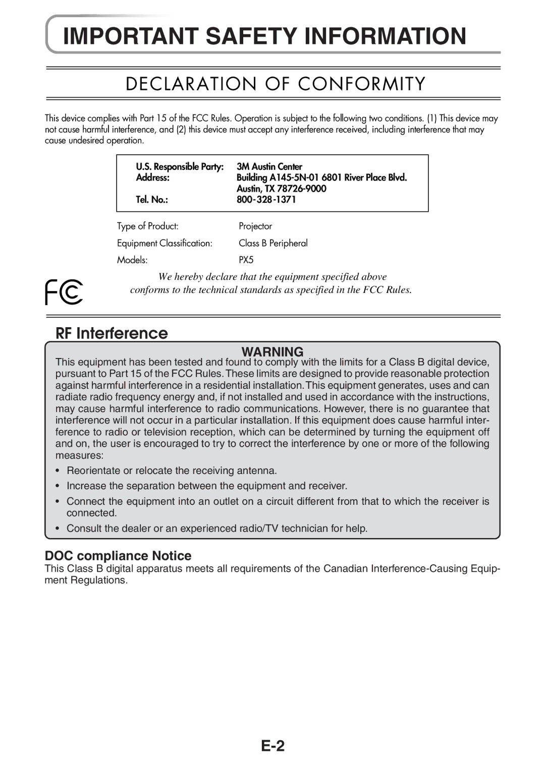 3M PX5 user manual Important Safety Information, DOC compliance Notice 