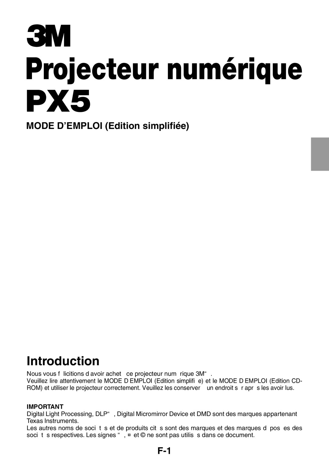 3M user manual Projecteur numérique PX5, Mode D’EMPLOI Edition simplifiée 