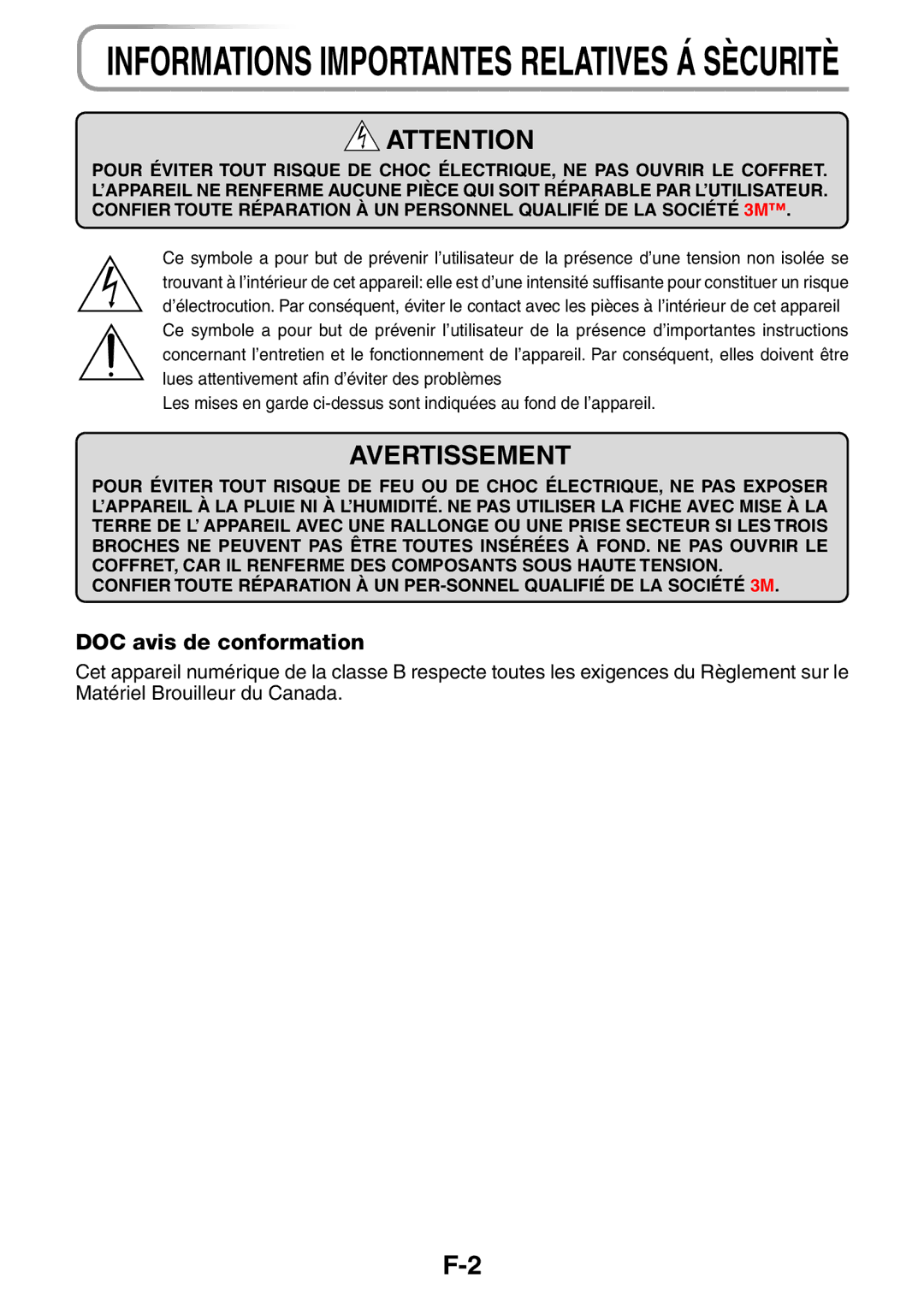 3M PX5 user manual Informations Importantes Relatives Á Sècuritè 